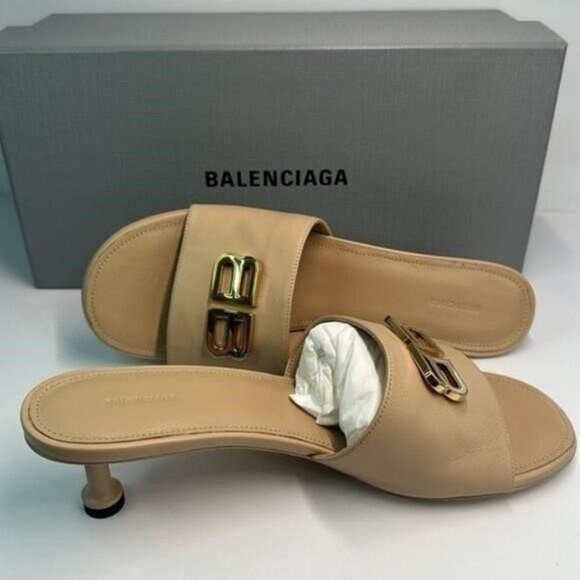 New Authentic- BALENCIAGA Groupie BB Logo Slide Sandal - Seashell/ Gold Size395 - Picture 12 of 14